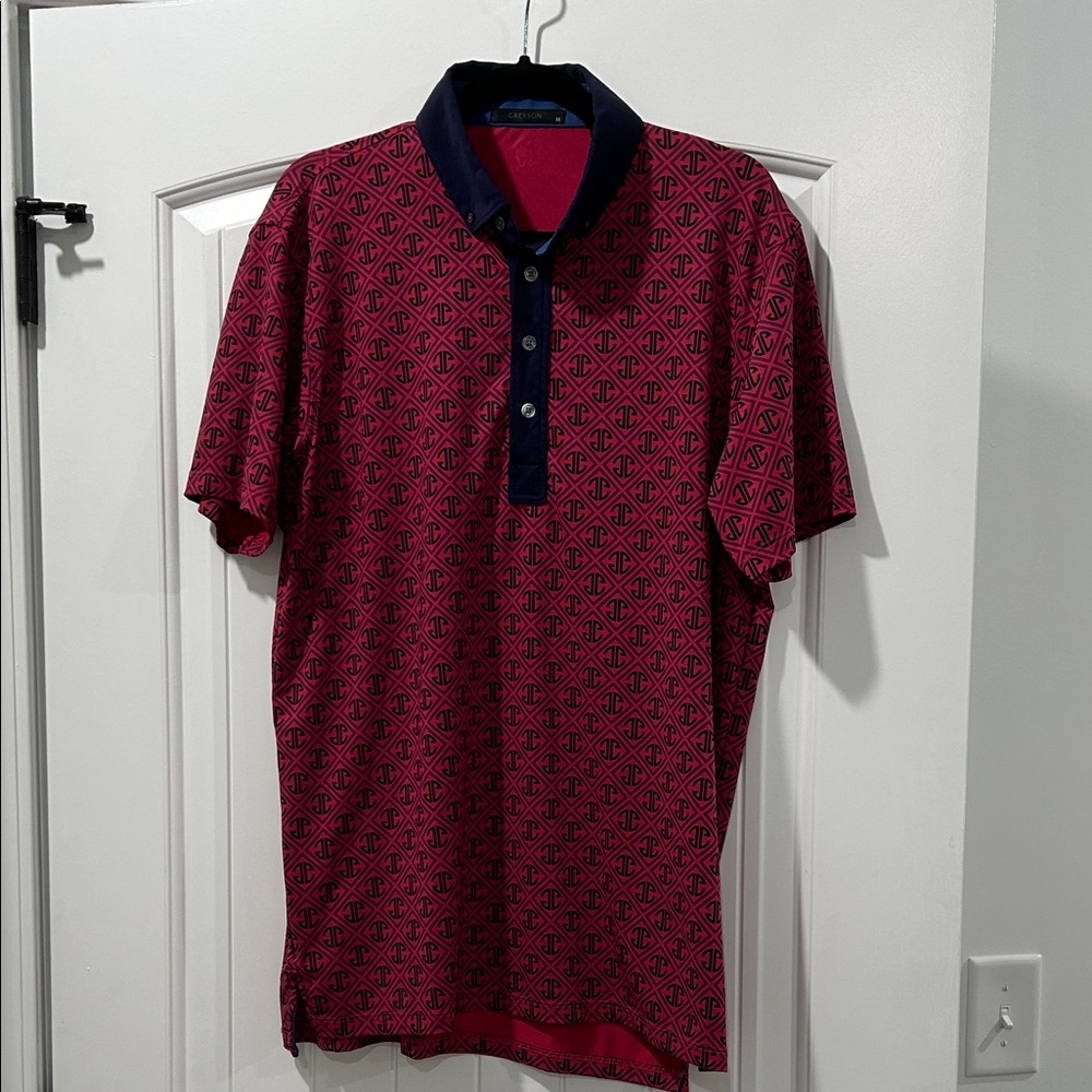 Greyson Pink and Navy Patterned Polo Shirt Medium